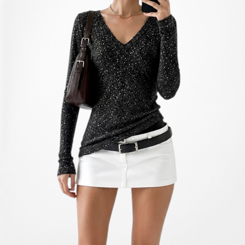 Vintage Y2K Gray Sequin Metallic V-Neck Long Sleeve Knit Sweater Top Size XS/S